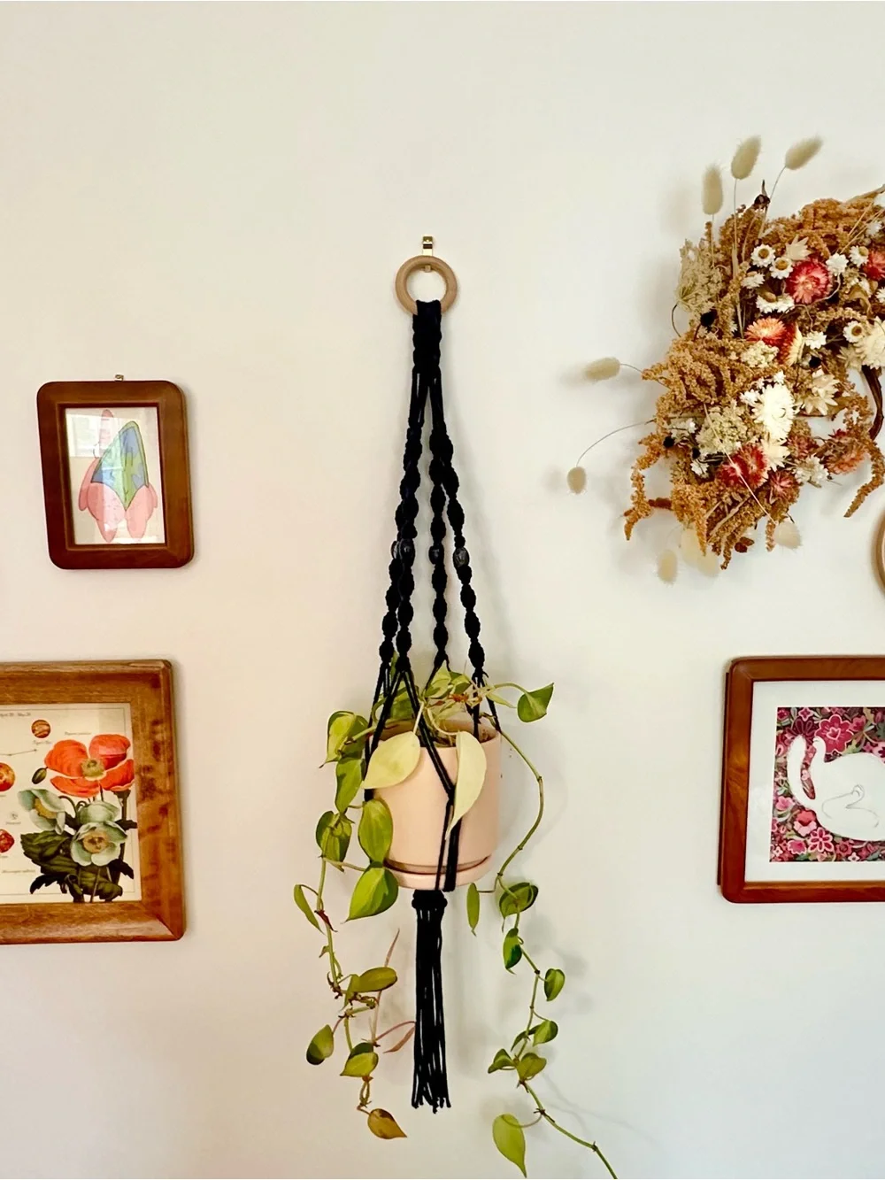 Navy Blue Macramé Hanging Plant Holder with Stone Beads